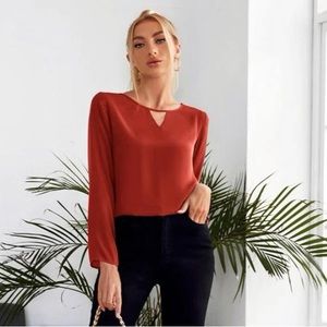 Shein rust orange brown long sleeve blouse with keyhole opening